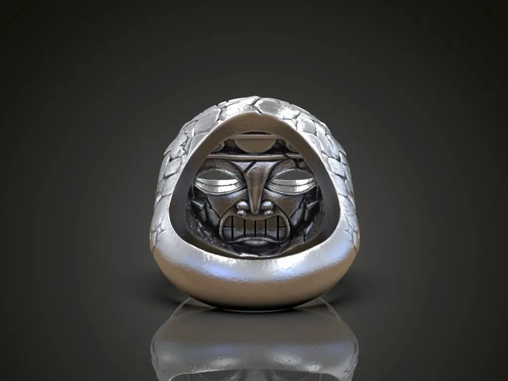 "Silver ring featuring a detailed depiction of Aztec and Maya masks and totems, symbolizing ancient heritage and strength, perfect for those who embrace a bold style."