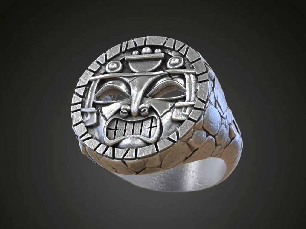 "Silver ring featuring a detailed depiction of Aztec and Maya masks and totems, symbolizing ancient heritage and strength, perfect for those who embrace a bold style."