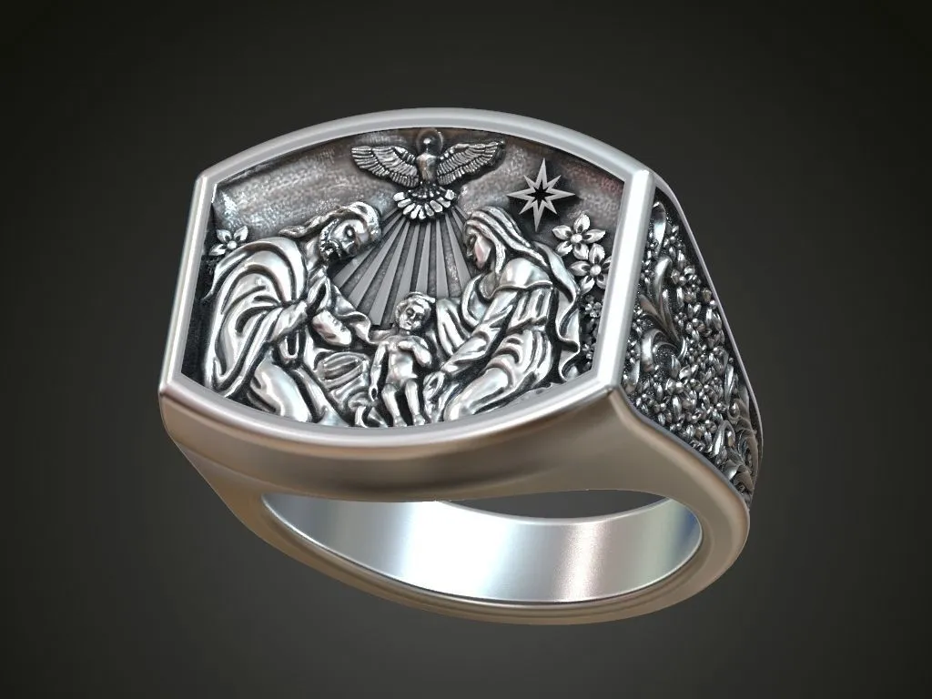 Silver ring featuring a detailed depiction of Baby Jesus in the nativity scene, symbolizing hope and love, perfect for those who embrace a bold style.