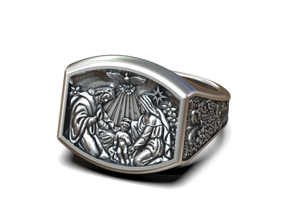 Silver ring featuring a detailed depiction of Baby Jesus in the nativity scene, symbolizing hope and love, perfect for those who embrace a bold style.