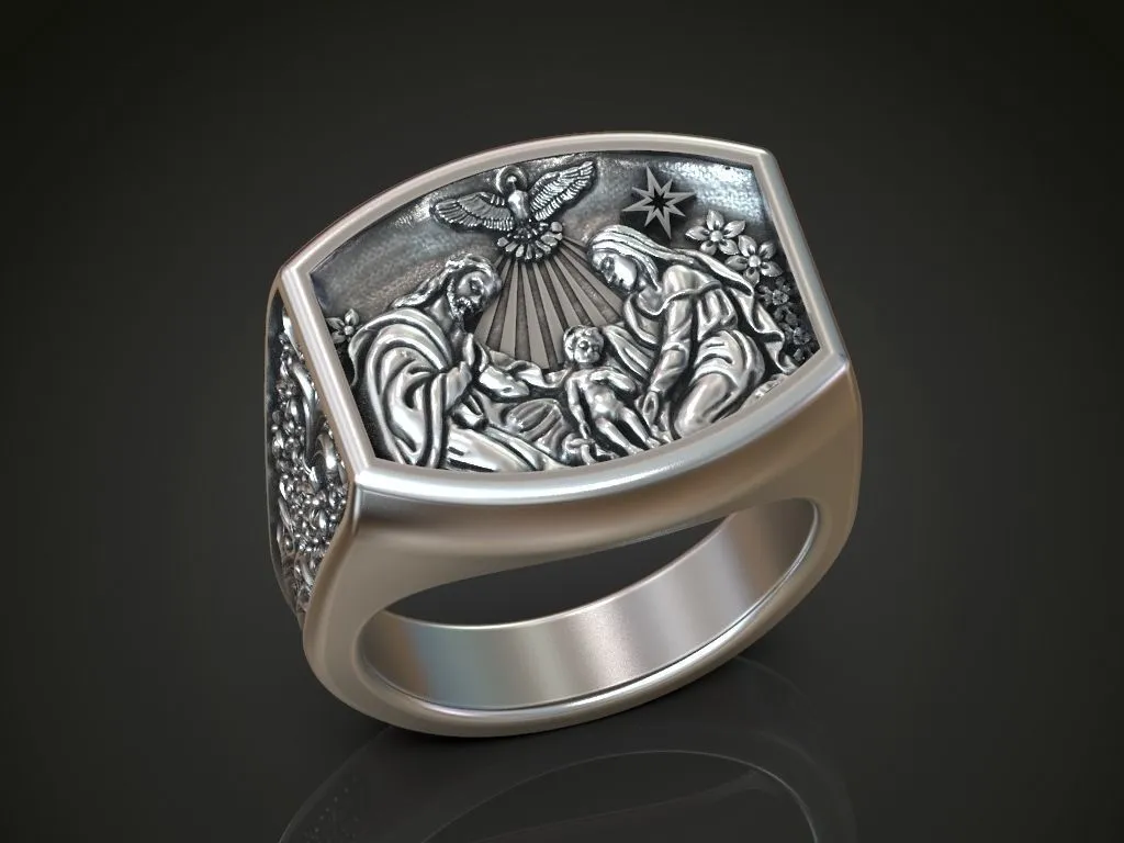 Silver ring featuring a detailed depiction of Baby Jesus in the nativity scene, symbolizing hope and love, perfect for those who embrace a bold style.