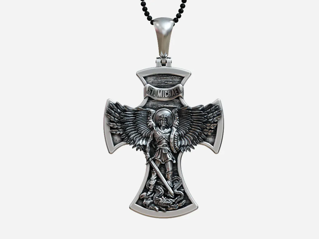 Cross Saint Michael the Archangel with Prayer-8 Silver cross pendant featuring Saint Michael the Archangel with a prayer for protection, symbolizing faith and courage.