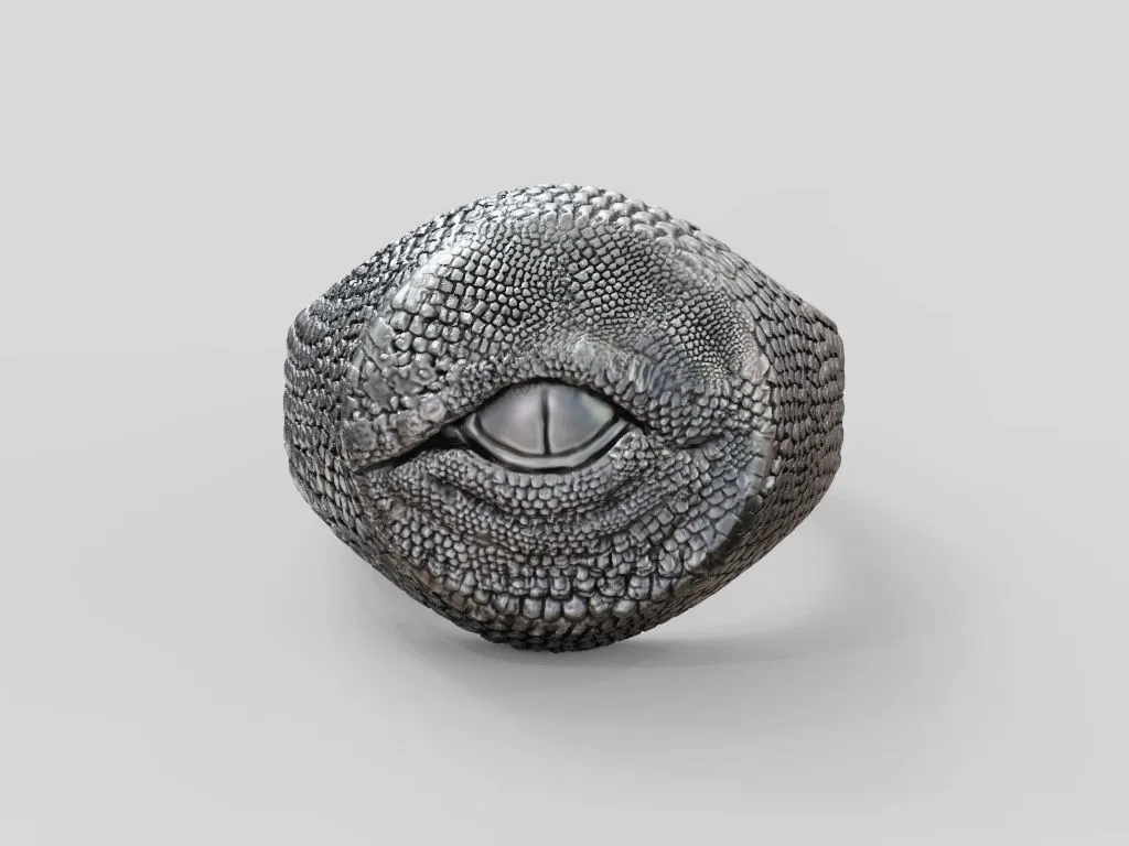Silver ring featuring a detailed dragon eye and intricate skin scales, symbolizing power and mystery, perfect for those who embrace a bold style.