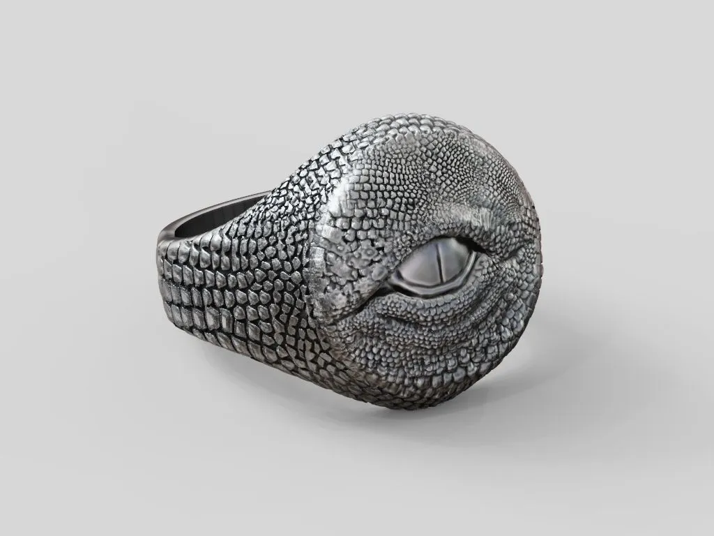 Silver ring featuring a detailed dragon eye and intricate skin scales, symbolizing power and mystery, perfect for those who embrace a bold style.