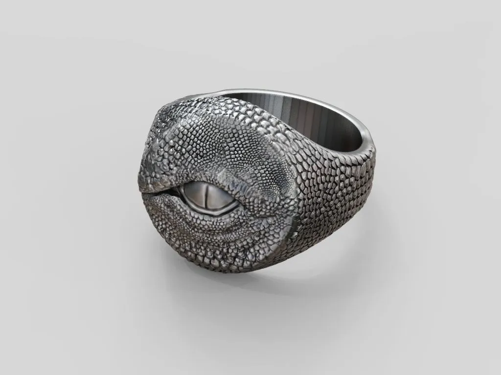 Silver ring featuring a detailed dragon eye and intricate skin scales, symbolizing power and mystery, perfect for those who embrace a bold style.