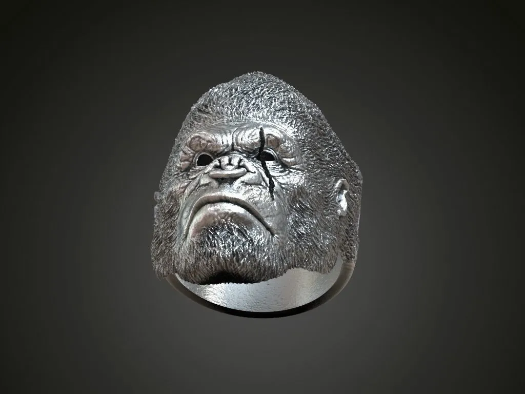 Silver ring featuring a detailed depiction of a gorilla, ape, and monkey, symbolizing strength and wisdom, perfect for those who embrace a bold style.