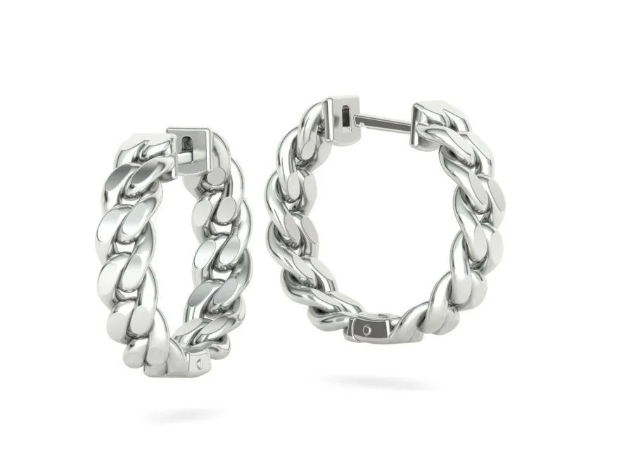 High-polished 20mm hoop earrings with a Cuban link design, symbolizing timeless elegance and sophistication, perfect for any occasion.
