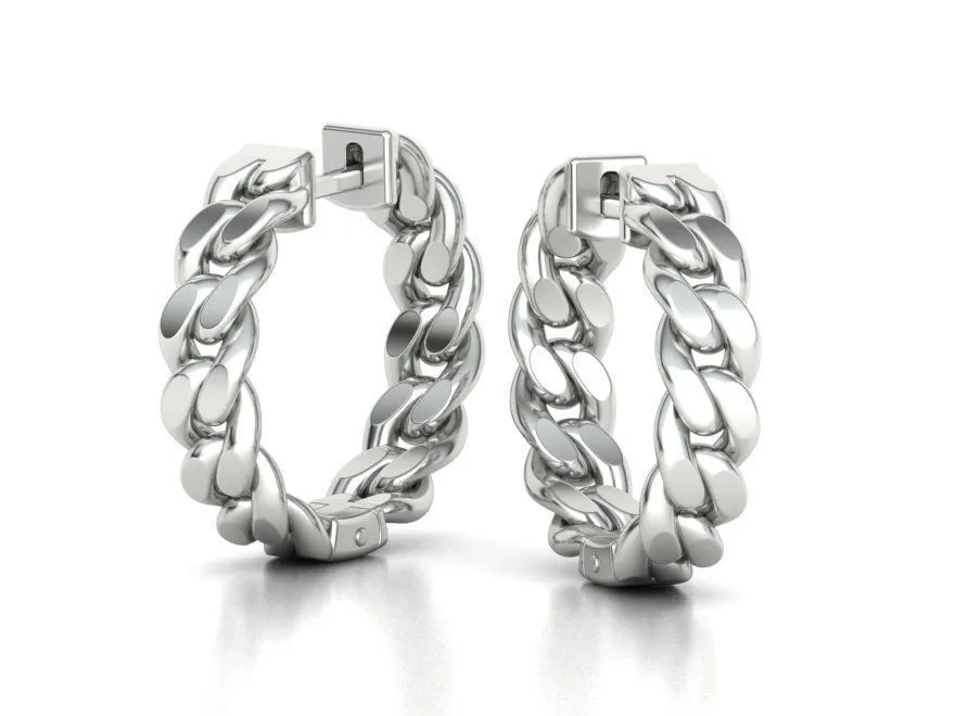 High-polished 20mm hoop earrings with a Cuban link design, symbolizing timeless elegance and sophistication, perfect for any occasion.