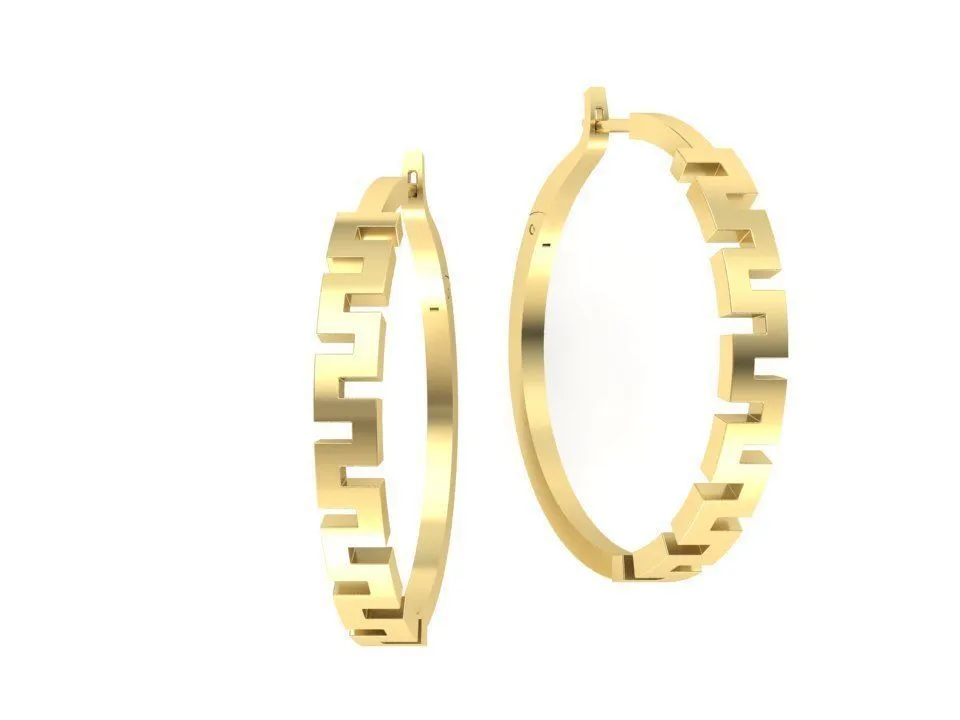 High-polished 36mm hoop earrings with an intricate meander design, symbolizing timeless elegance and sophistication, perfect for any occasion.