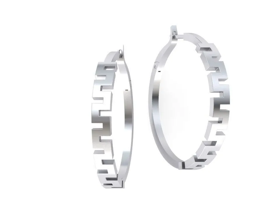 High-polished 36mm hoop earrings with an intricate meander design, symbolizing timeless elegance and sophistication, perfect for any occasion.