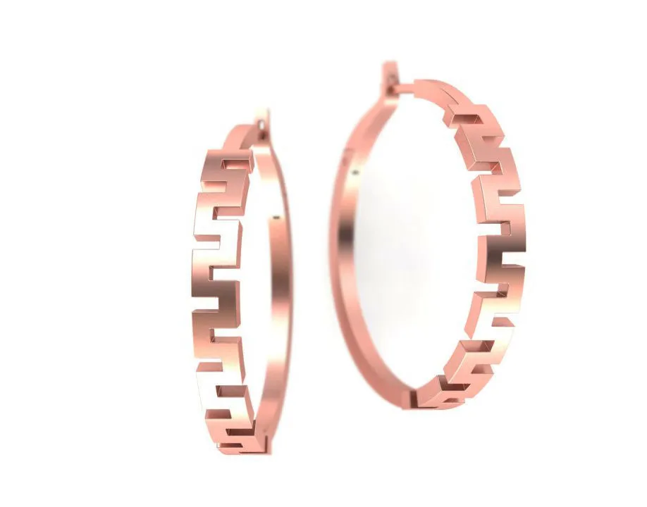 High-polished 36mm hoop earrings with an intricate meander design, symbolizing timeless elegance and sophistication, perfect for any occasion.