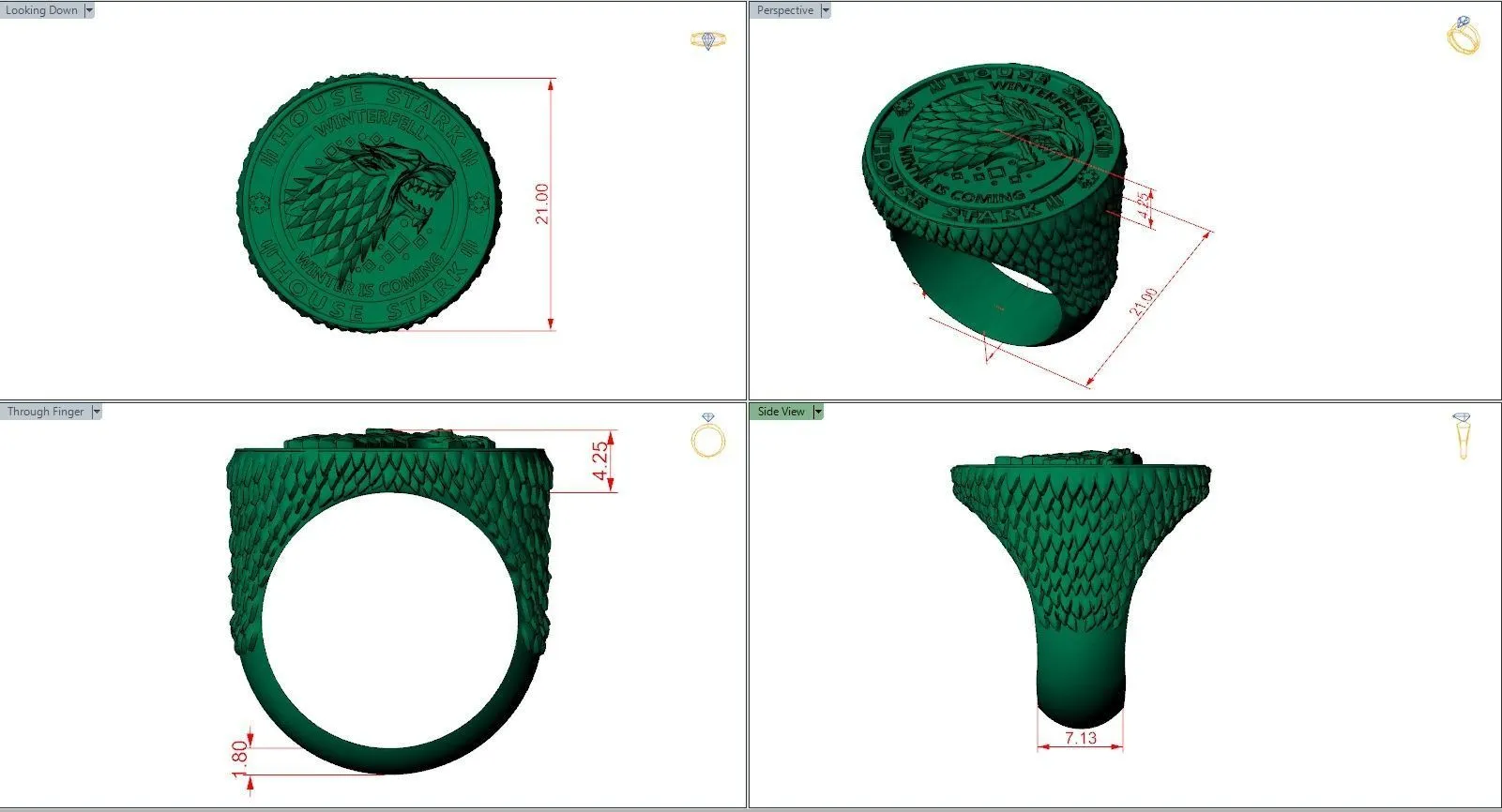 Silver ring featuring a detailed depiction of the direwolf and Winterfell, symbolizing loyalty and strength, perfect for those who embrace a bold style.