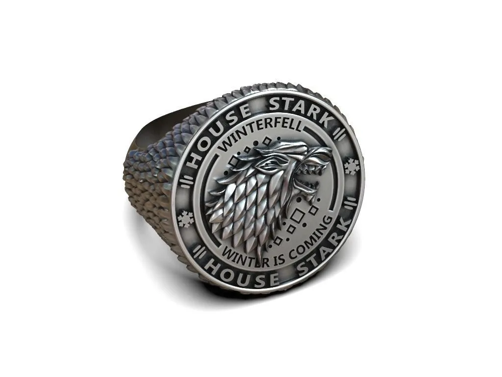 Silver ring featuring a detailed depiction of the direwolf and Winterfell, symbolizing loyalty and strength, perfect for those who embrace a bold style.