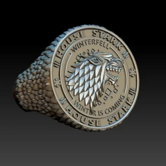 Silver ring featuring a detailed depiction of the direwolf and Winterfell, symbolizing loyalty and strength, perfect for those who embrace a bold style.