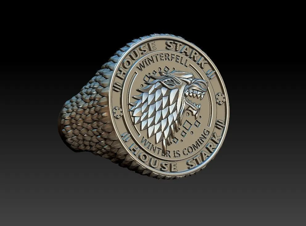 Silver ring featuring a detailed depiction of the direwolf and Winterfell, symbolizing loyalty and strength, perfect for those who embrace a bold style.