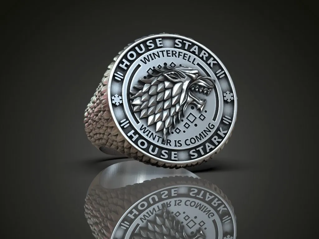 Silver ring featuring a detailed depiction of the direwolf and Winterfell, symbolizing loyalty and strength, perfect for those who embrace a bold style.