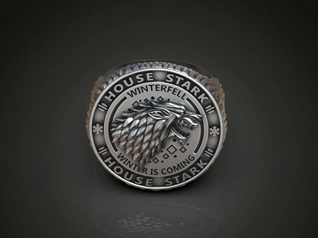 Silver ring featuring a detailed depiction of the direwolf and Winterfell, symbolizing loyalty and strength, perfect for those who embrace a bold style.