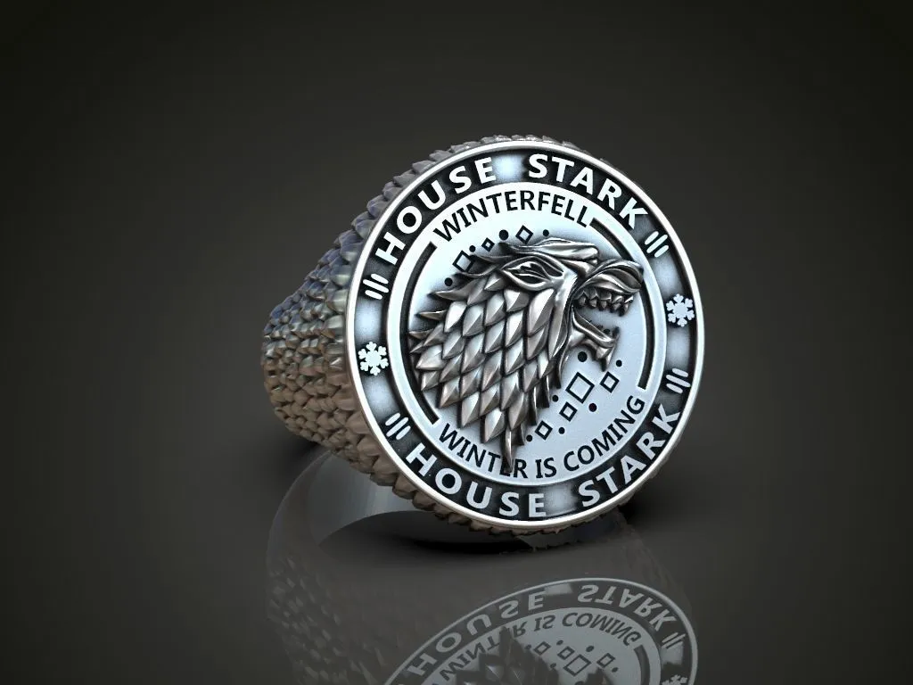 Silver ring featuring a detailed depiction of the direwolf and Winterfell, symbolizing loyalty and strength, perfect for those who embrace a bold style.