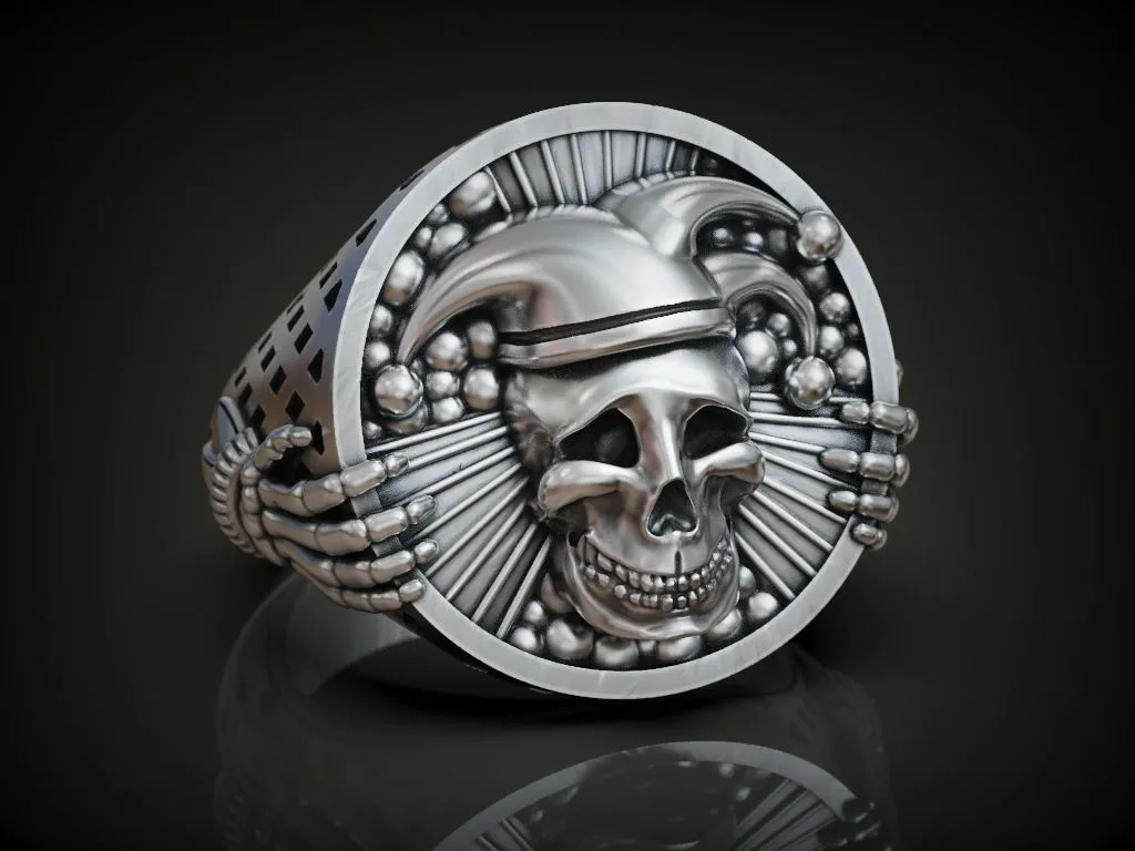 Silver ring featuring a detailed depiction of an undead jester, joker, and clown skull, symbolizing dark elegance and mystery, perfect for those who embrace a bold style.