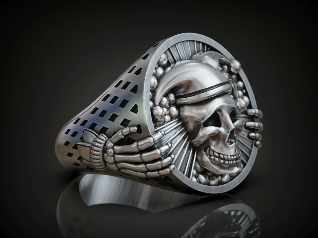 Silver ring featuring a detailed depiction of an undead jester, joker, and clown skull, symbolizing dark elegance and mystery, perfect for those who embrace a bold style.