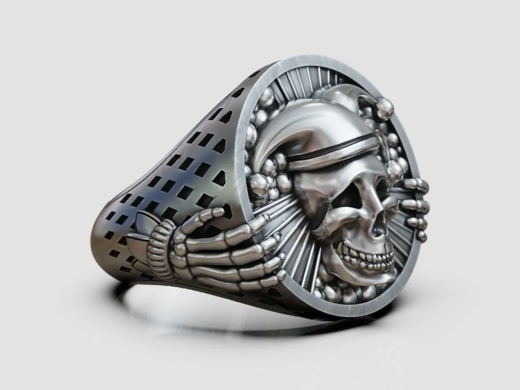 Silver ring featuring a detailed depiction of an undead jester, joker, and clown skull, symbolizing dark elegance and mystery, perfect for those who embrace a bold style.