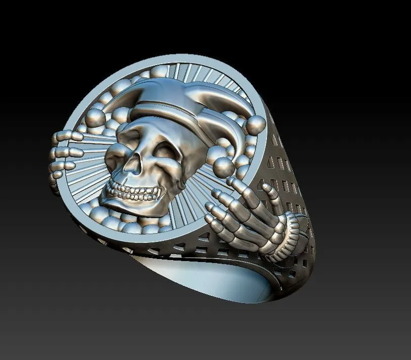 Silver ring featuring a detailed depiction of an undead jester, joker, and clown skull, symbolizing dark elegance and mystery, perfect for those who embrace a bold style.