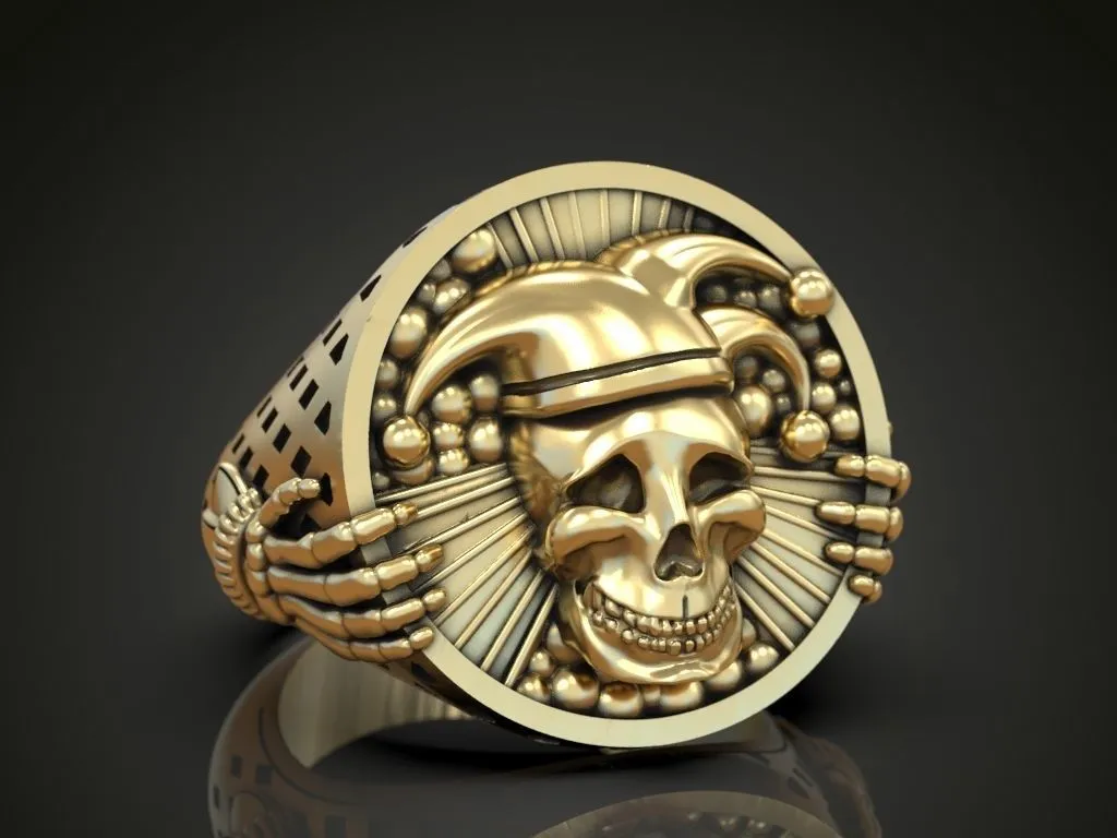 Silver ring featuring a detailed depiction of an undead jester, joker, and clown skull, symbolizing dark elegance and mystery, perfect for those who embrace a bold style.