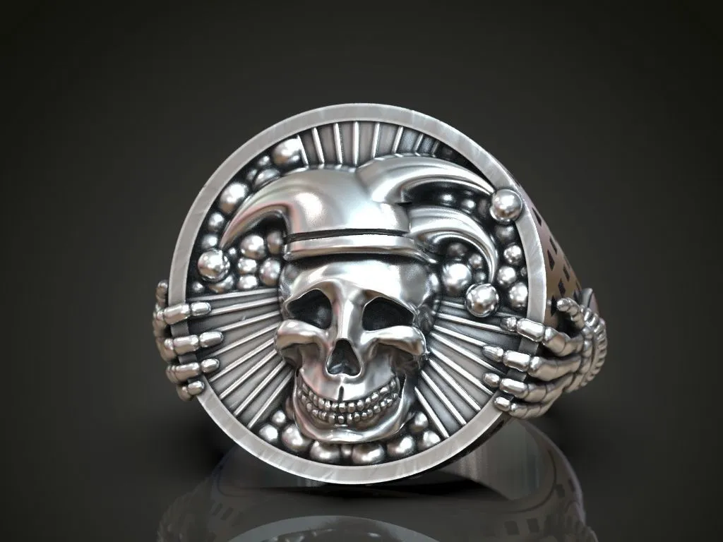 Silver ring featuring a detailed depiction of an undead jester, joker, and clown skull, symbolizing dark elegance and mystery, perfect for those who embrace a bold style.