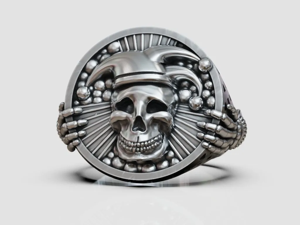 Silver ring featuring a detailed depiction of an undead jester, joker, and clown skull, symbolizing dark elegance and mystery, perfect for those who embrace a bold style.