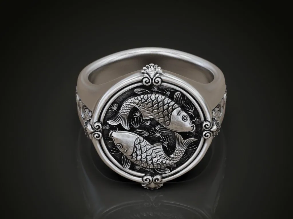 Silver ring featuring a detailed koi fish carp design, symbolizing perseverance and strength, perfect for those who embrace a bold style.