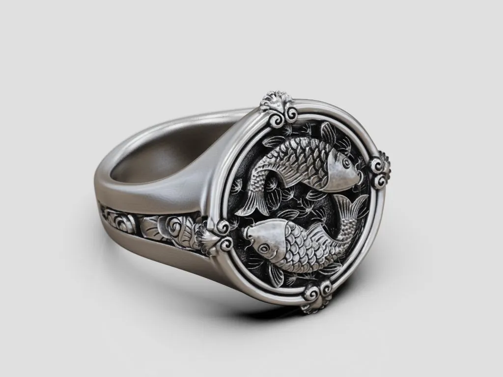 Silver ring featuring a detailed koi fish carp design, symbolizing perseverance and strength, perfect for those who embrace a bold style.
