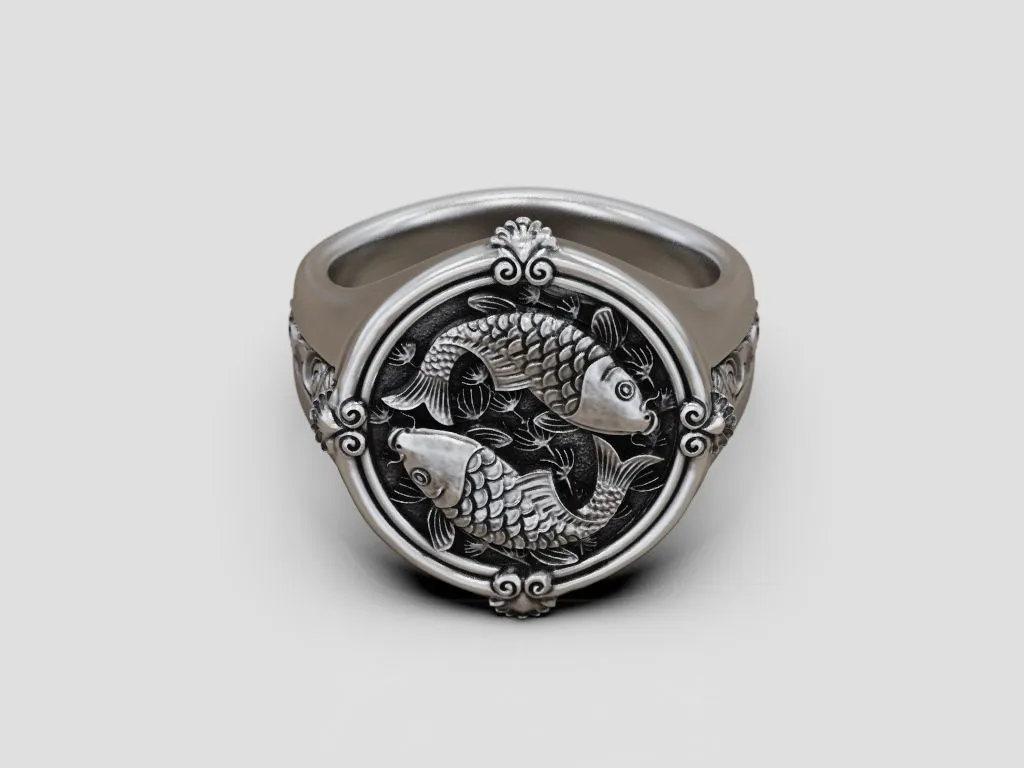 Silver ring featuring a detailed koi fish carp design, symbolizing perseverance and strength, perfect for those who embrace a bold style.