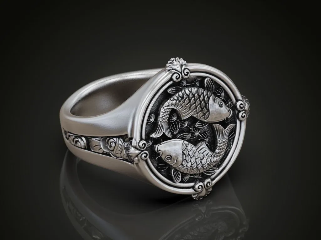Silver ring featuring a detailed koi fish carp design, symbolizing perseverance and strength, perfect for those who embrace a bold style.
