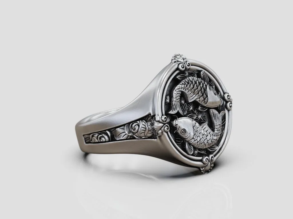 Silver ring featuring a detailed koi fish carp design, symbolizing perseverance and strength, perfect for those who embrace a bold style.