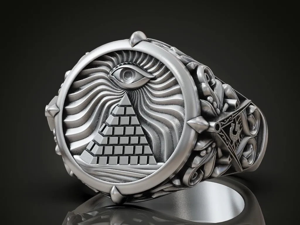Masonic Eye Pyramid Illuminati Ring-13 Silver ring featuring a detailed Masonic Eye and Pyramid design, symbolizing mystery and enlightenment, perfect for those who embrace a bold style.