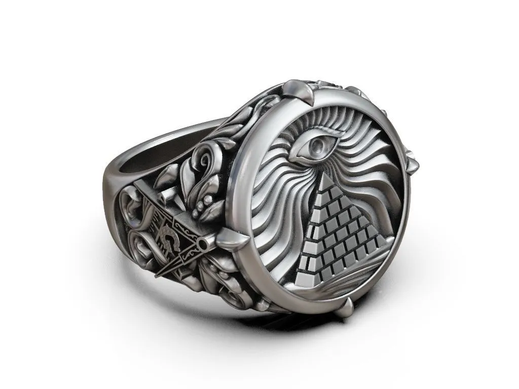Masonic Eye Pyramid Illuminati Ring-4 Silver ring featuring a detailed Masonic Eye and Pyramid design, symbolizing mystery and enlightenment, perfect for those who embrace a bold style.