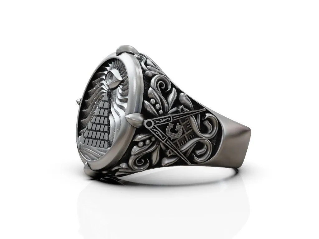 Masonic Eye Pyramid Illuminati Ring-6 Silver ring featuring a detailed Masonic Eye and Pyramid design, symbolizing mystery and enlightenment, perfect for those who embrace a bold style.