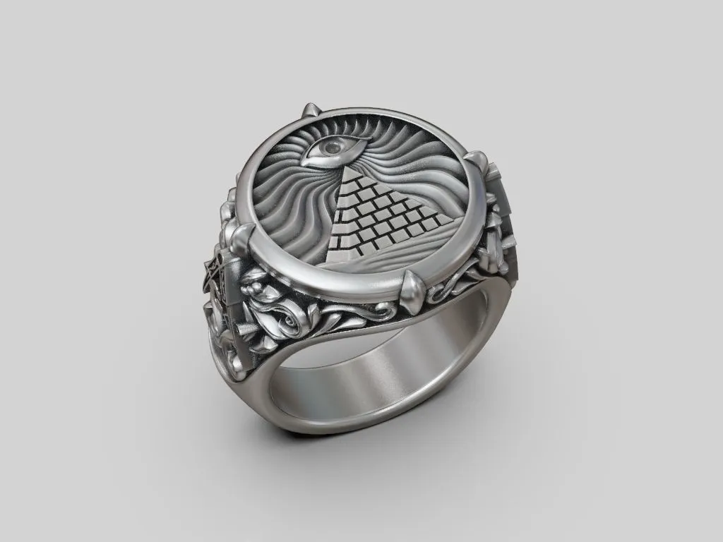 Masonic Eye Pyramid Illuminati Ring-9 Silver ring featuring a detailed Masonic Eye and Pyramid design, symbolizing mystery and enlightenment, perfect for those who embrace a bold style.