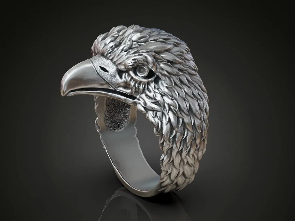 Men's Ring Eagle Hawk Falcon Head-2 Silver ring featuring a detailed depiction of an eagle, hawk, and falcon head, symbolizing strength and freedom, perfect for those who embrace a bold style.