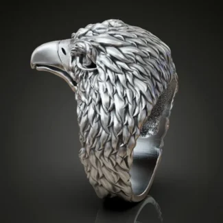 Silver ring featuring a detailed depiction of an eagle, hawk, and falcon head, symbolizing strength and freedom, perfect for those who embrace a bold style.