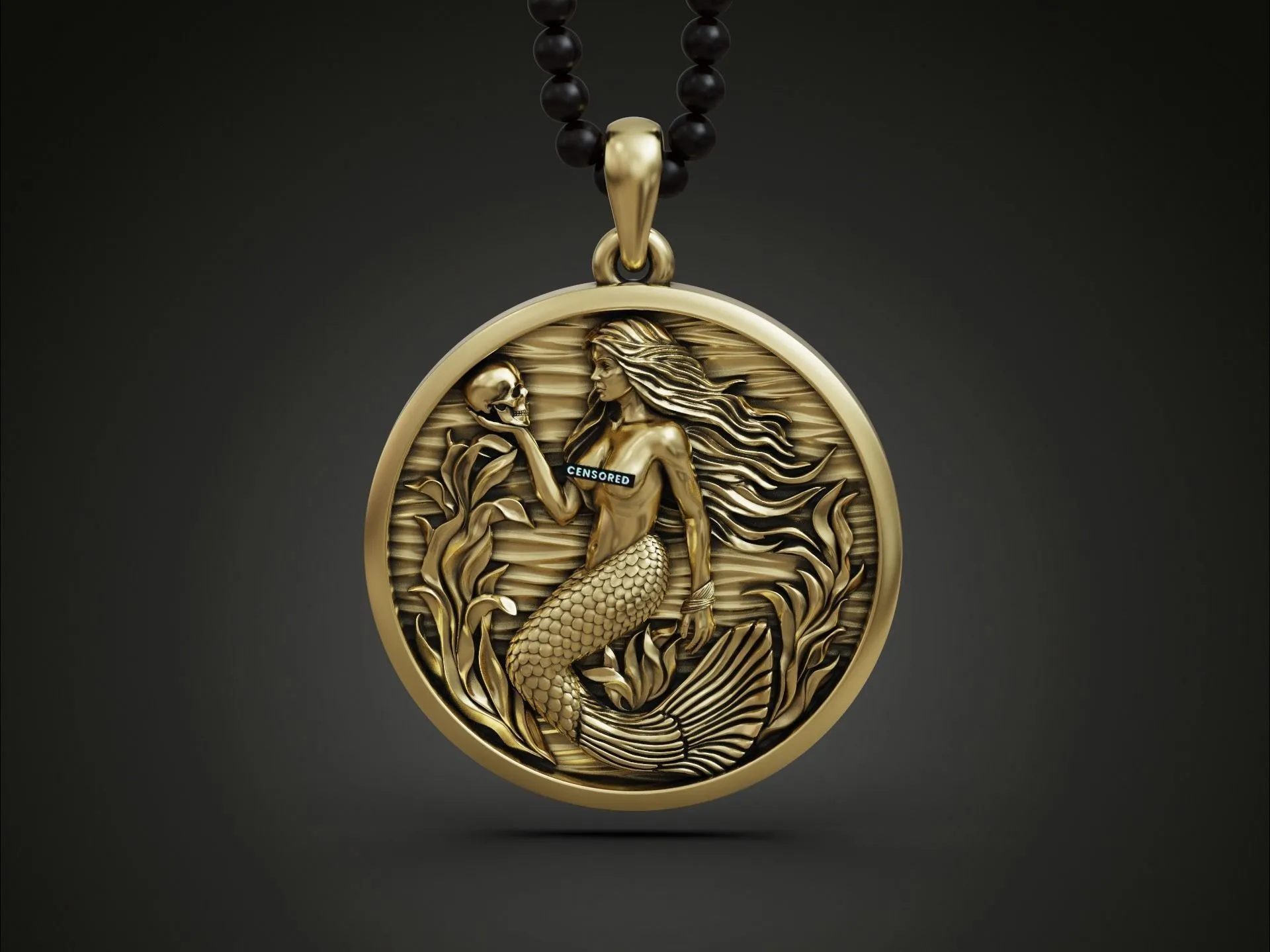 Mermaid Siren Seaweed Pendant Medallion-1 Silver Mermaid Siren Seaweed Pendant Medallion depicting a mermaid with flowing seaweed, evoking the mystery of the sea.
