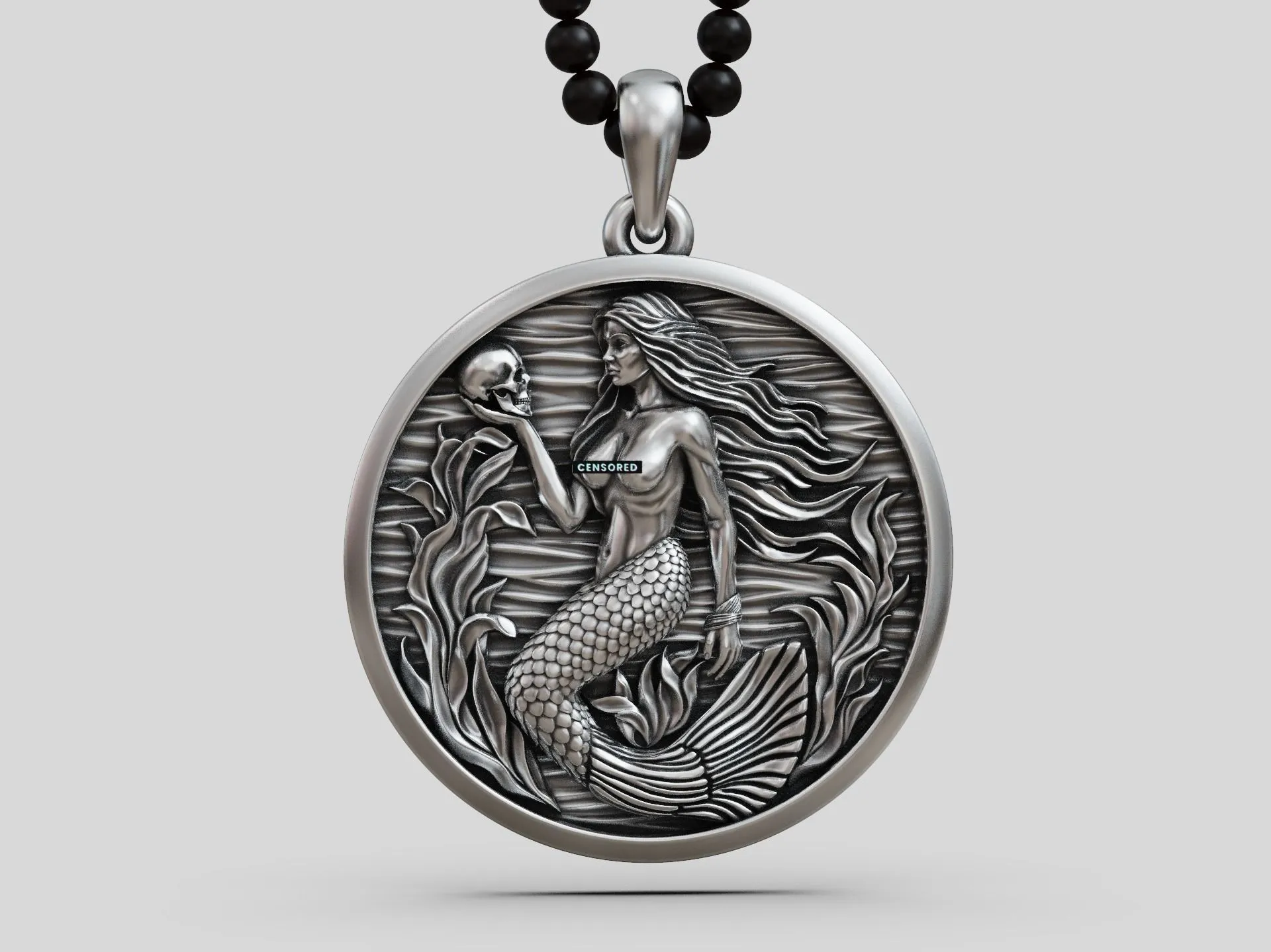 Mermaid Siren Seaweed Pendant Medallion-10 Silver Mermaid Siren Seaweed Pendant Medallion depicting a mermaid with flowing seaweed, evoking the mystery of the sea.