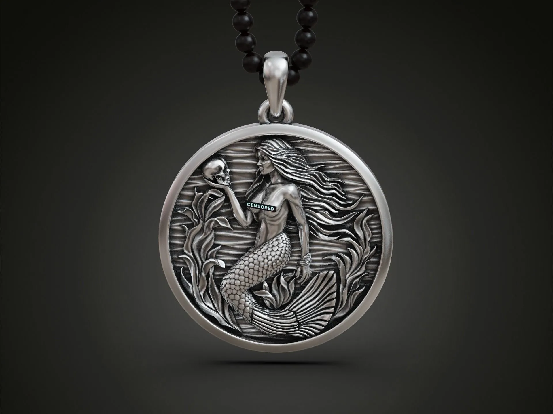 Mermaid Siren Seaweed Pendant Medallion-2 Silver Mermaid Siren Seaweed Pendant Medallion depicting a mermaid with flowing seaweed, evoking the mystery of the sea.