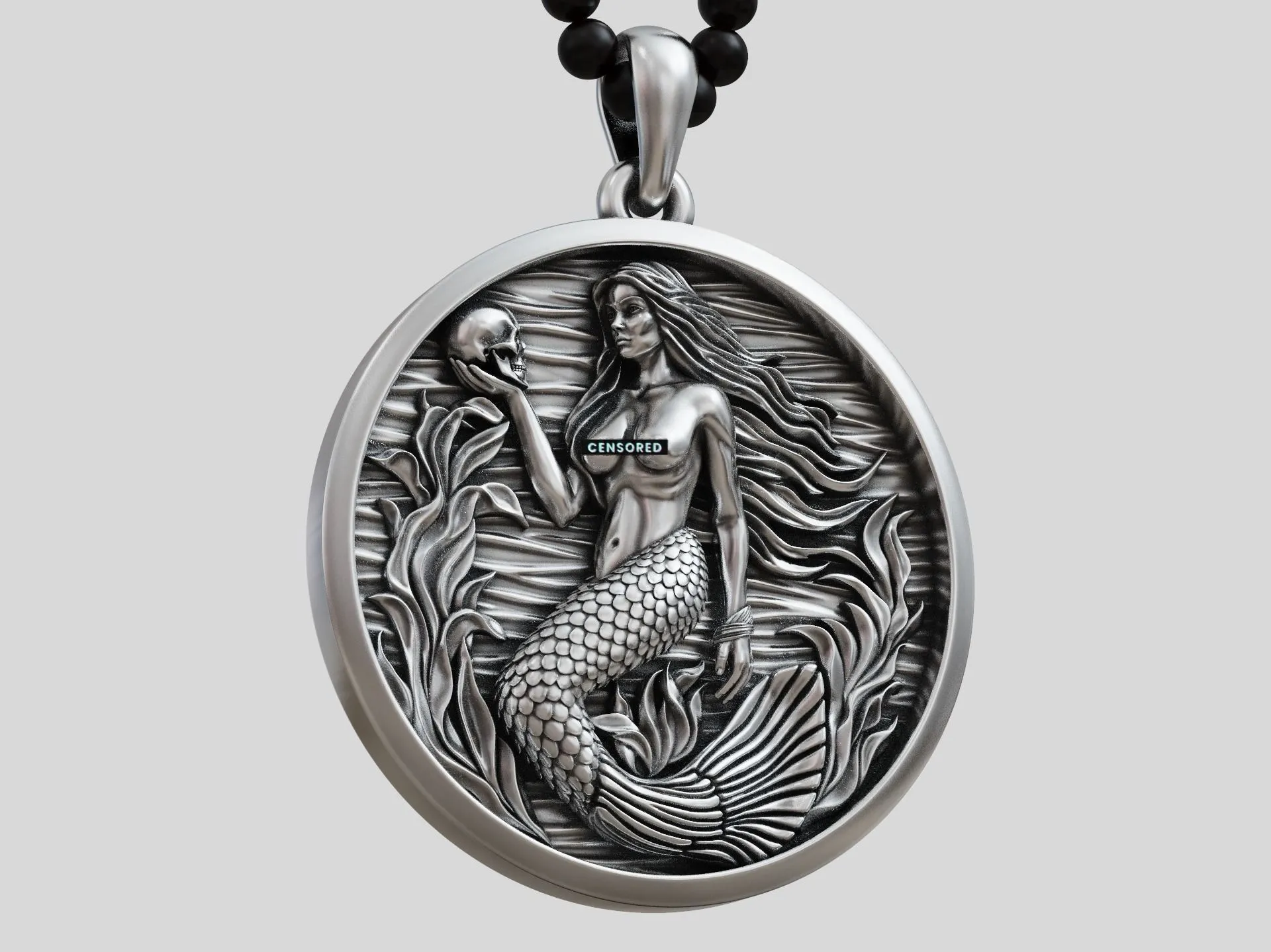Mermaid Siren Seaweed Pendant Medallion-3 Silver Mermaid Siren Seaweed Pendant Medallion depicting a mermaid with flowing seaweed, evoking the mystery of the sea.