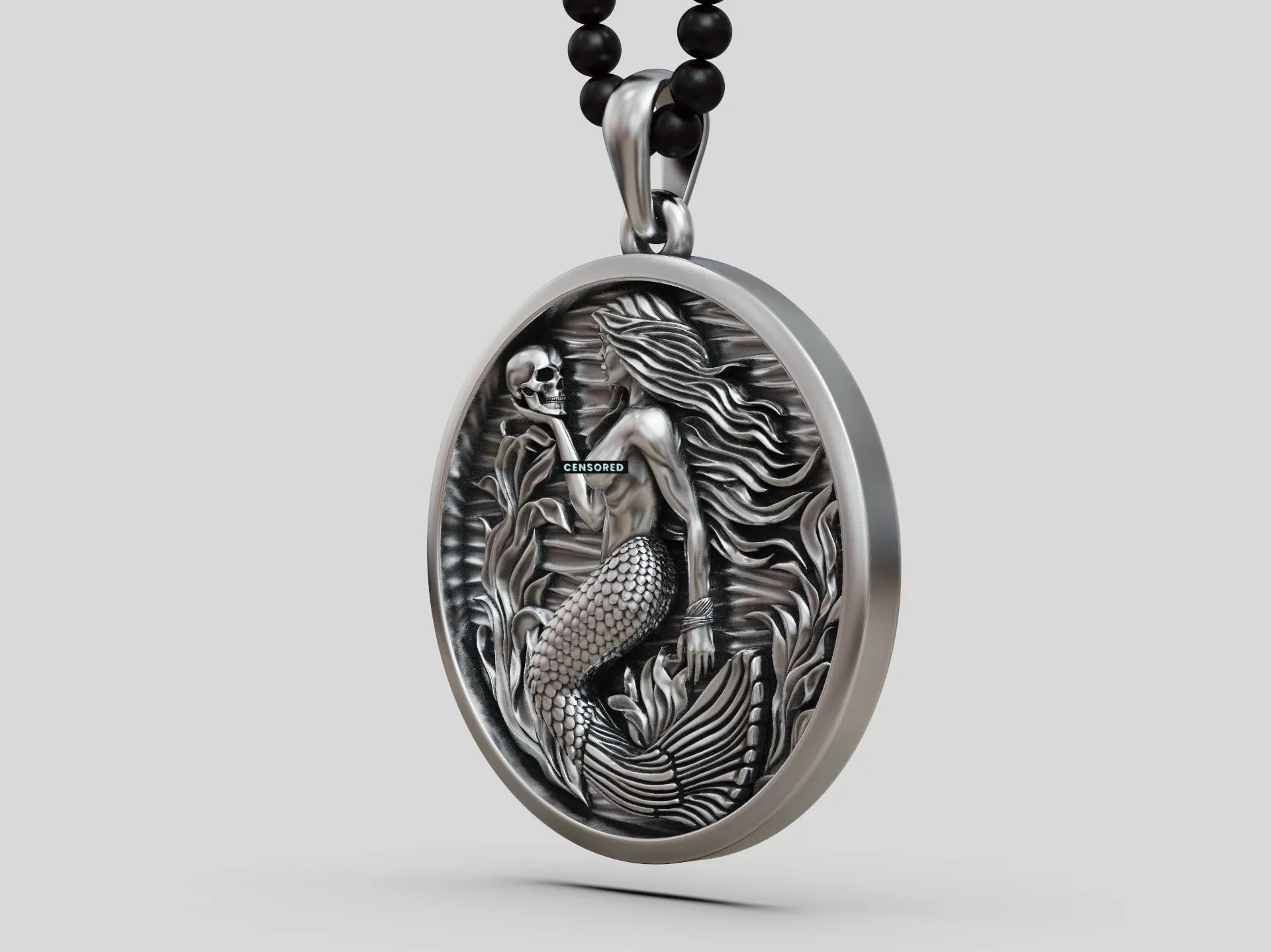 Mermaid Siren Seaweed Pendant Medallion-5 Silver Mermaid Siren Seaweed Pendant Medallion depicting a mermaid with flowing seaweed, evoking the mystery of the sea.