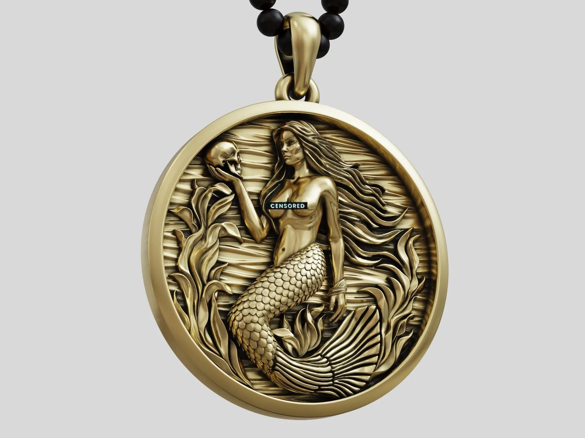 Mermaid Siren Seaweed Pendant Medallion-6 Silver Mermaid Siren Seaweed Pendant Medallion depicting a mermaid with flowing seaweed, evoking the mystery of the sea.