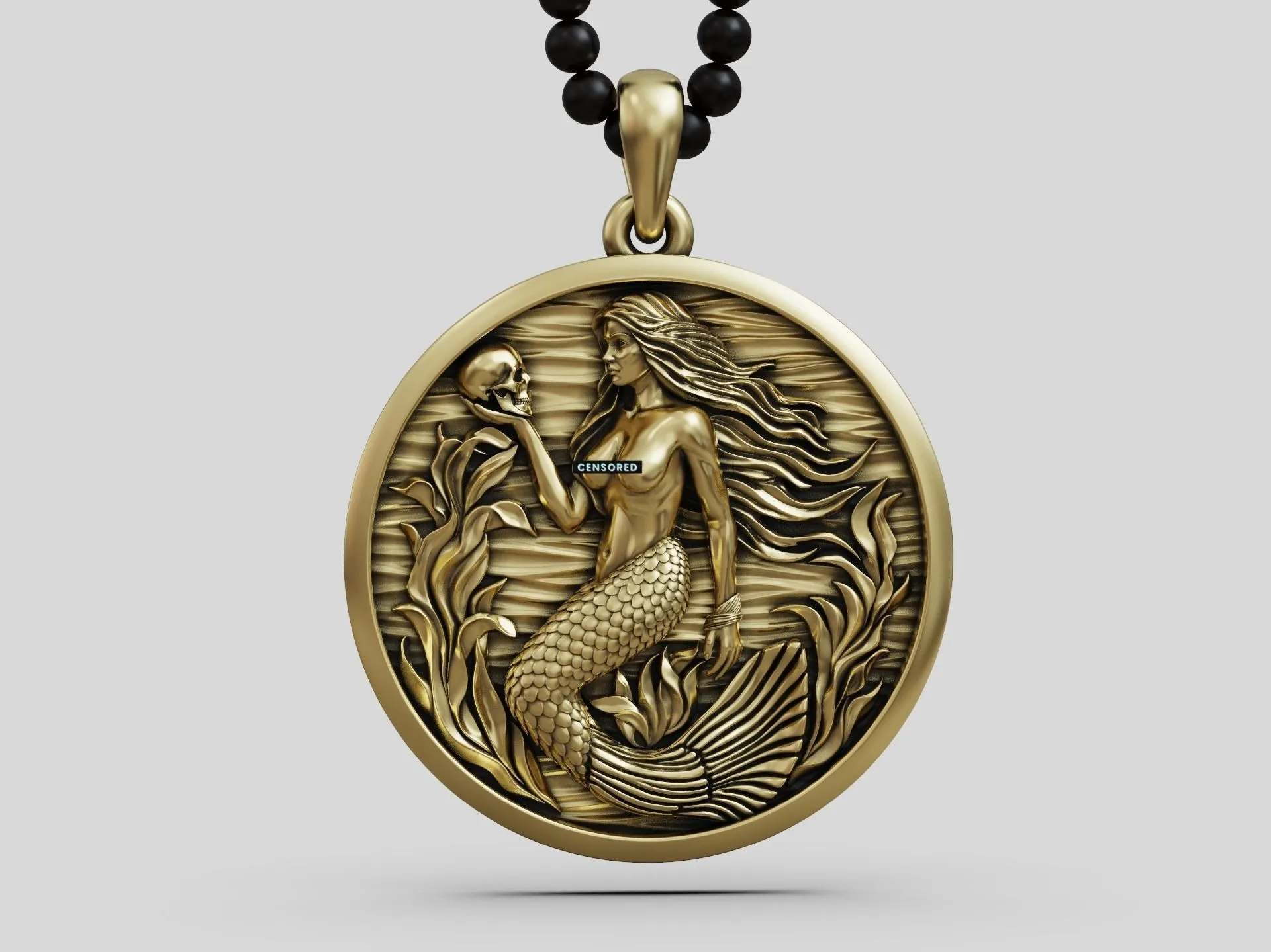 Mermaid Siren Seaweed Pendant Medallion-7 Silver Mermaid Siren Seaweed Pendant Medallion depicting a mermaid with flowing seaweed, evoking the mystery of the sea.