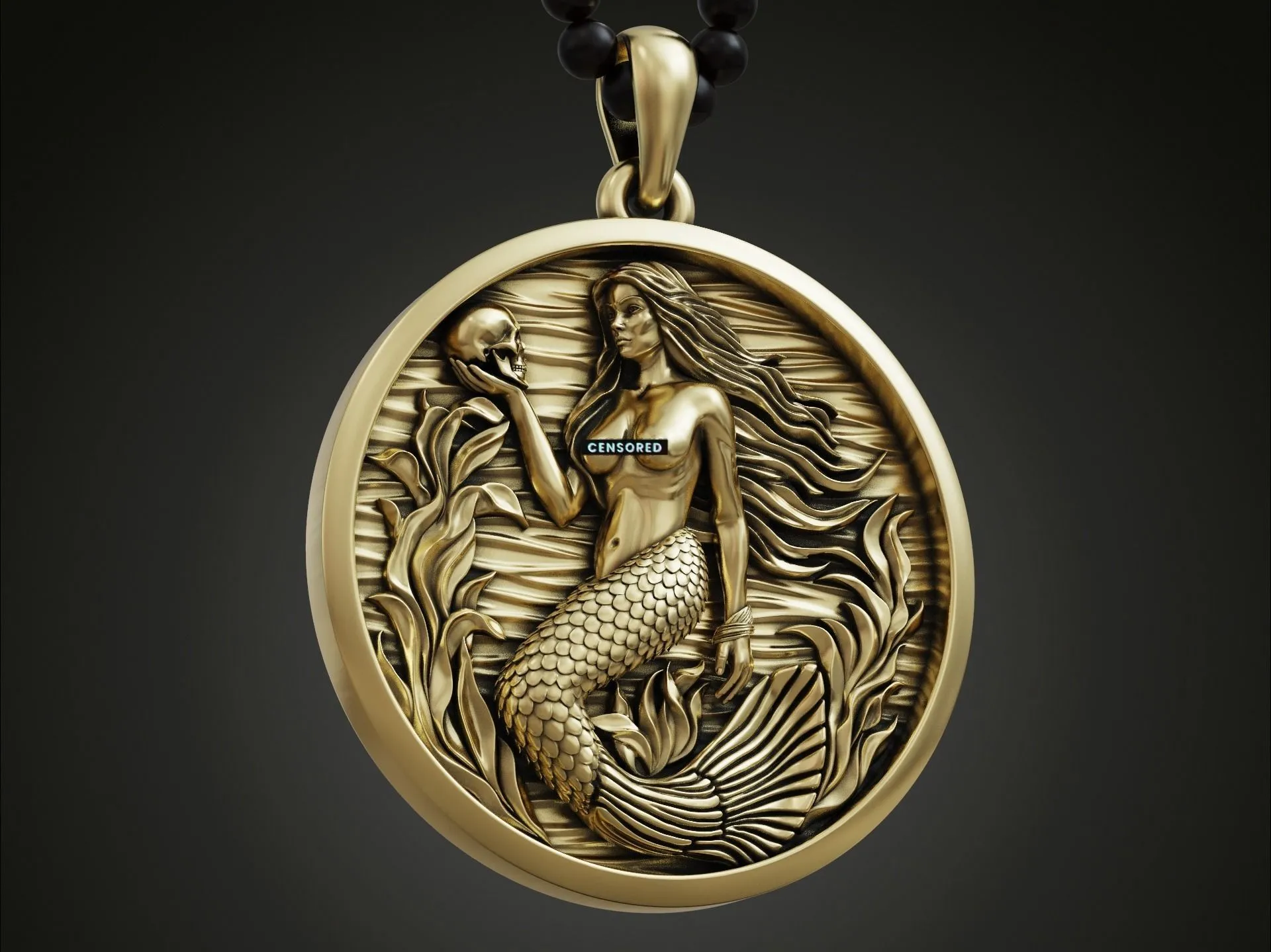 Mermaid Siren Seaweed Pendant Medallion-8 Silver Mermaid Siren Seaweed Pendant Medallion depicting a mermaid with flowing seaweed, evoking the mystery of the sea.