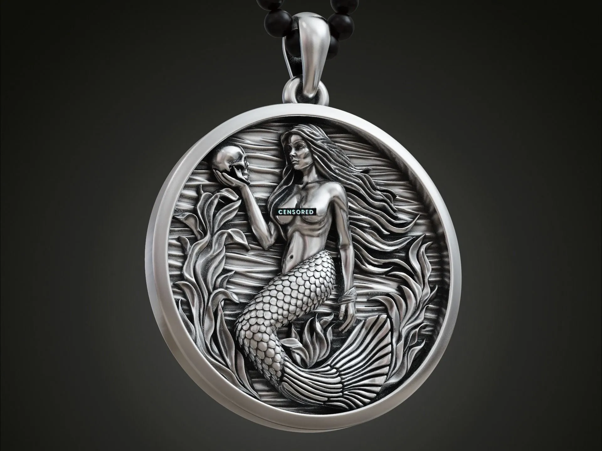 Mermaid Siren Seaweed Pendant Medallion-9 Silver Mermaid Siren Seaweed Pendant Medallion depicting a mermaid with flowing seaweed, evoking the mystery of the sea.