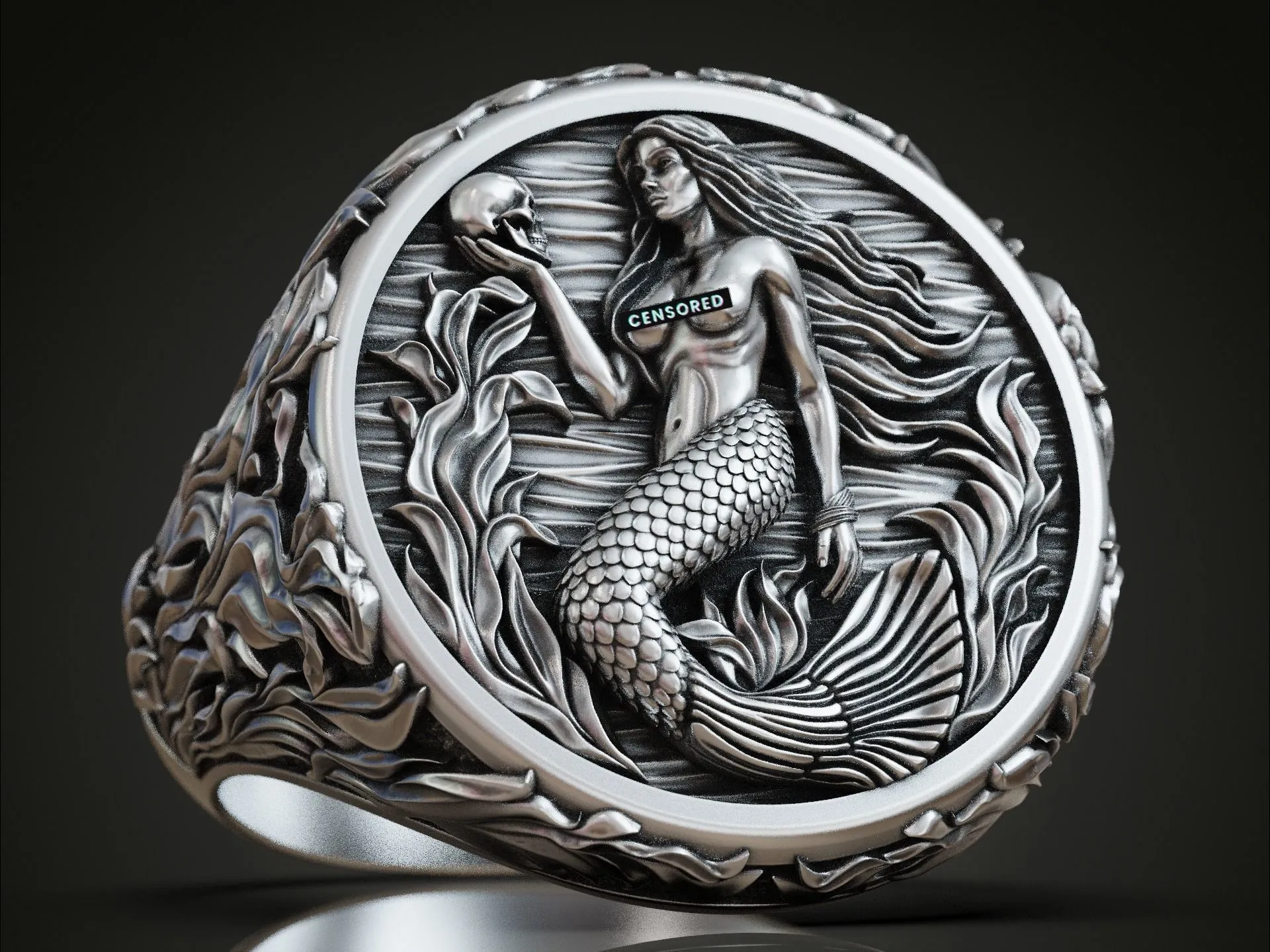 Silver signet ring featuring a detailed mermaid siren and seaweed design, symbolizing allure and mystery, perfect for those who embrace a bold style.